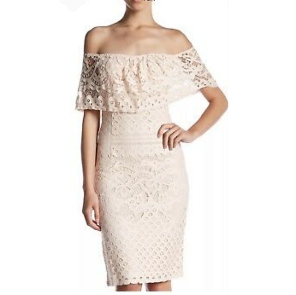 Sharagano Pale Pink Lace Sheath Dress With Convertible Neckline